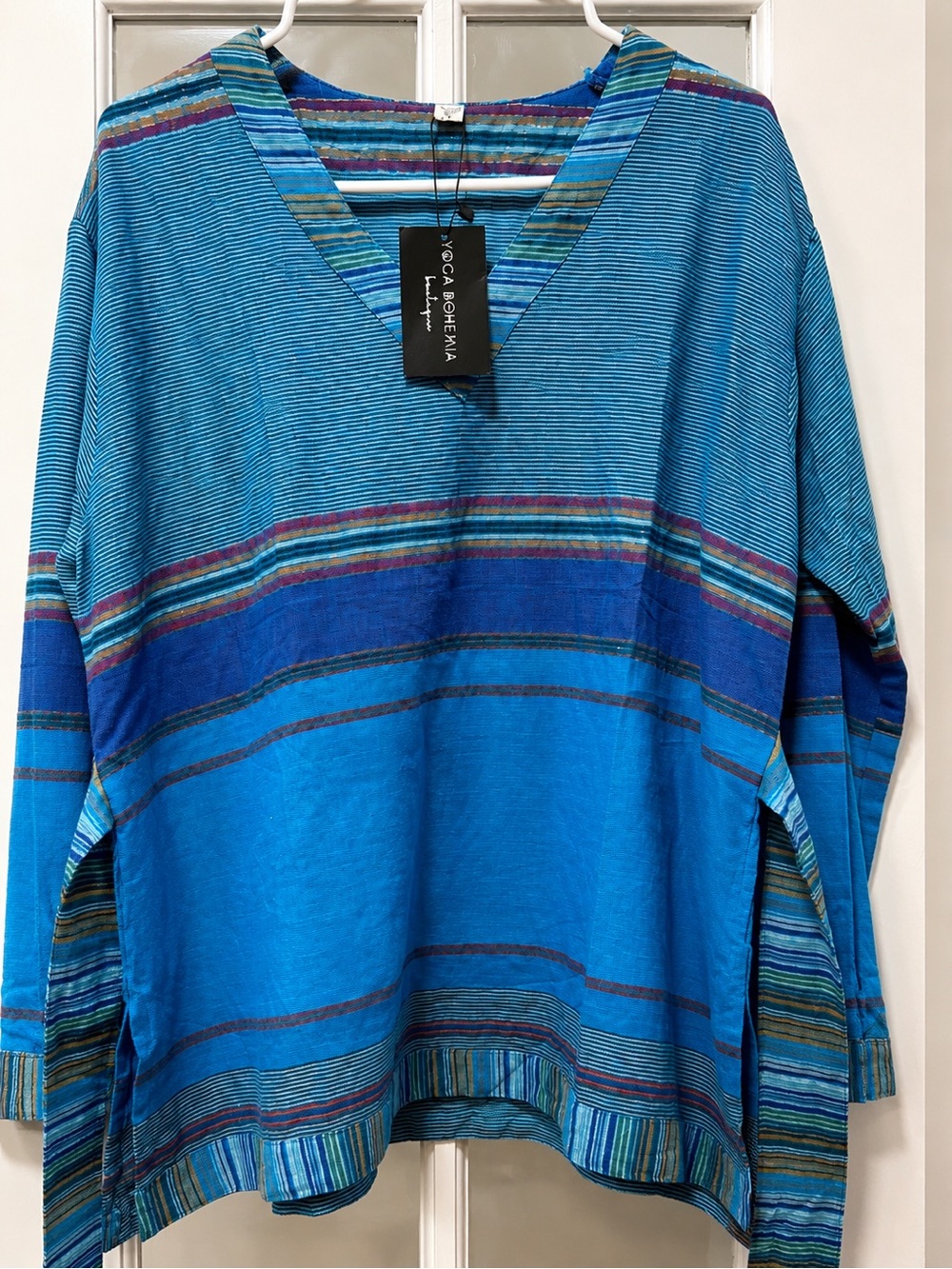 Yoga Bohemia Blue Striped Boho Tunic Top Tie Back Long Sleeve Sz S 100 % Cotto